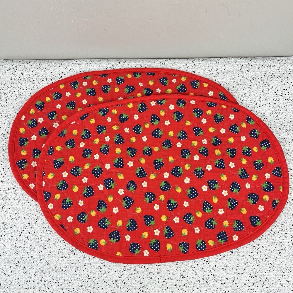 Quilted Strawberry Vintage Placemats Red Blue Oval Whimsical Farmhouse Set‎ of 2